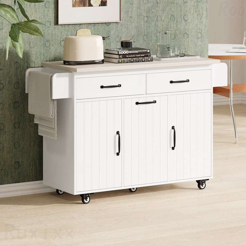 Îlot de cuisine avec armoire de rangement pour poubelle, chariot de cuisine avec abattant, support à épices, porte-serviettes et tiroir, îlot de cuisine sur roulettes avec tablette réglable