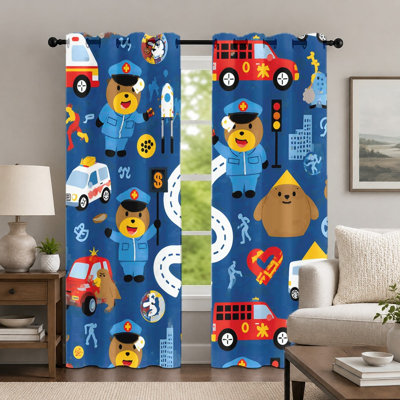 2Pcs Cute Cartoon Bear and Vehicle Pattern Curtains, Fun City Rescue Theme Printed Art Grommet Drapes, Window Treatment for Bedroom Living Room Decor