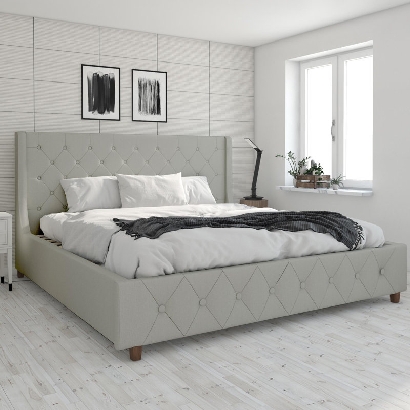 King Gray Linen Tufted Upholstered Bed with Metal Frame