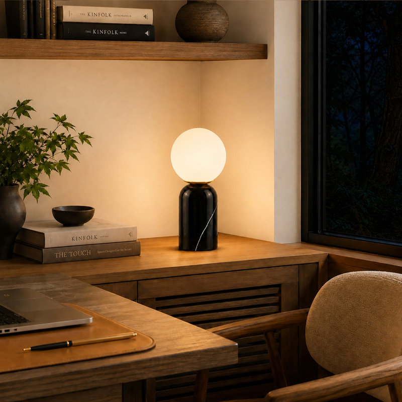 Lampe de table moderne en marbre avec abat-jour en verre blanc, lampe de chevet pour chambre et salon, Noir
