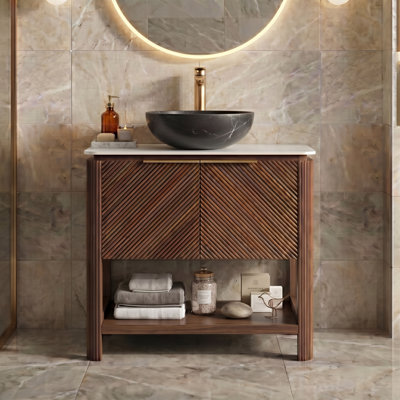 Linea 30" Freestanding Bathroom Vanity with 3D Textured Wood Veneer Doors, Carrara White Sintered Stone Top & Volakas Vessel Sink