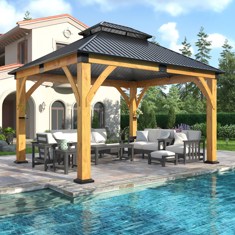 13 ft. W x 11 ft. D Outdoor Spruce Wood Gazebo with Galvanized Steel Double Roof, 13 ft. W x 11 ft. D