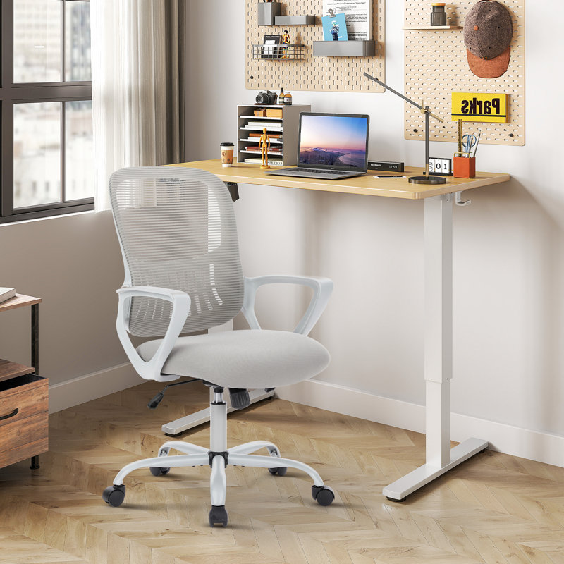 Modern Home Office Desk and Chair Set, Adjustable Standing Desk Paired with Ergonomic Mesh Chair for Maximum Comfort, Oak