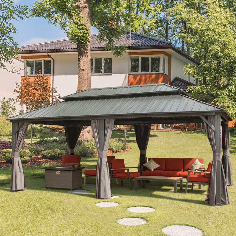 Galvanized Steel Patio Gazebo with Overhang Slope-design Double Roof, 20 ft x 12 ft, Gray