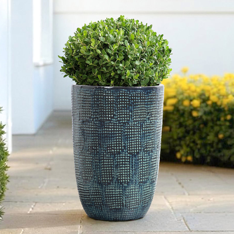Pots en céramique de 17 po de hauteur pour plantes, pots de plantes modernes émaillés bleus avec trou de drainage