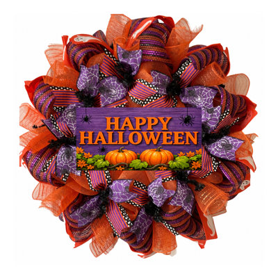 Happy Halloween Wreath Purple and Orange 28 Inches