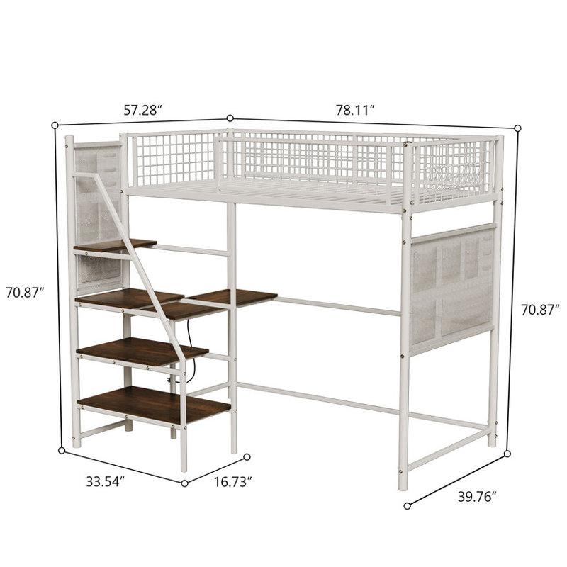 Twin sized loft metal bed with white for bedroom and dormitory, with built-in charging station and LED lighting, Twin, White