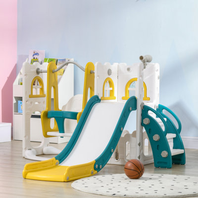 Ensemble de glissade et de balançoire pour tout-petits 6 en 1 QABA, toboggan pour bébé de 1 à 3 ans avec panier de basketball, grimpeur, espace de rangement, télescope, aire de jeu intérieure