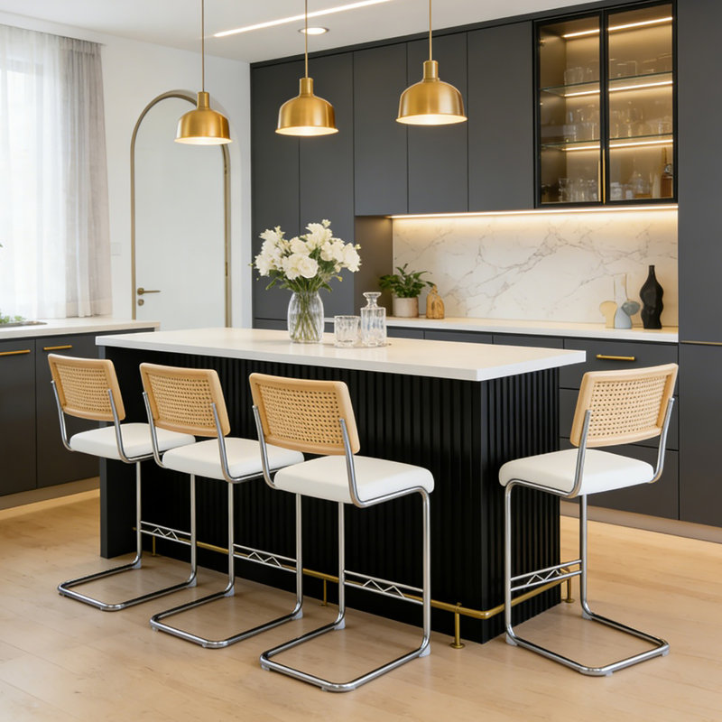 Ensemble de tabourets de bar en rotin naturel 4 pièces avec dossier en bois massif de 25 pouces de style moderne de style médiéval, tabouret de cuisine en cuir polyuréthane blanc, pieds en métal chromé.