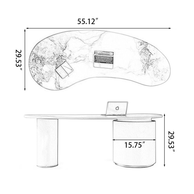 Bureau en pierre beige avec 3 tiroirs, H 29,53 po x l 55,12 po x P 29,53 po