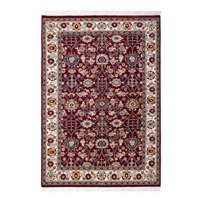 Tapis rouge en laine noué à la main de conception unique 4 pi 3 po x 6 pi Mogul