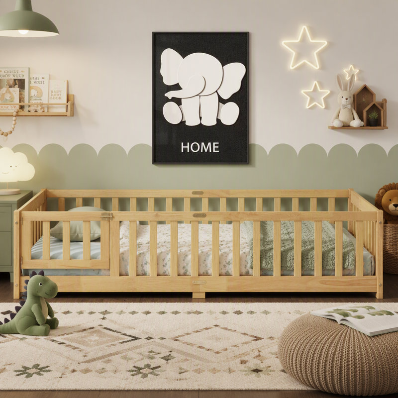 Lit simple au sol en bois d'hévéa avec garde-corps de sécurité et porte tournante pour enfants, idéal pour les pièces compactes et la période de transition