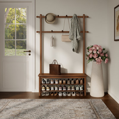 Porte-manteau Aaryahi en bois massif avec banc, rangement à chaussures et 11 crochets, organisateur d'entrée