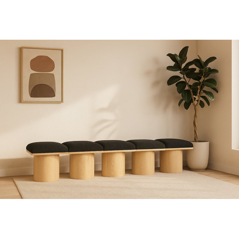Banc rembourré Horatia, Tissu bouclé noir, Naturel, H 17,5 po x l 90 po x P 15,5 po