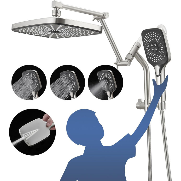 High Pressure Rainfall Shower Head With Handheld Spray Combo, 3+1 Settings, Built-In Power Wash, Height And Angle Adjustable, Easy Installation