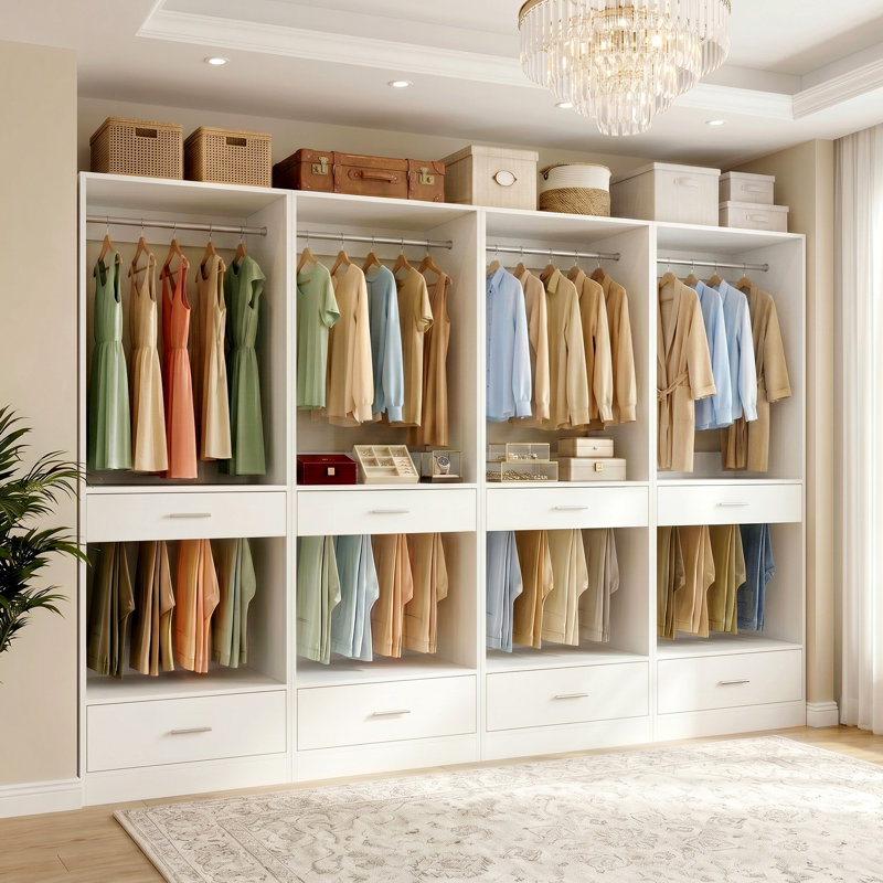 94.4“ Closet System Organizer With Hanging Area, Pants Rack & Drawer, White