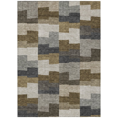3' X 5' And Ivory Geometric Washable Indoor Outdoor Area Rug