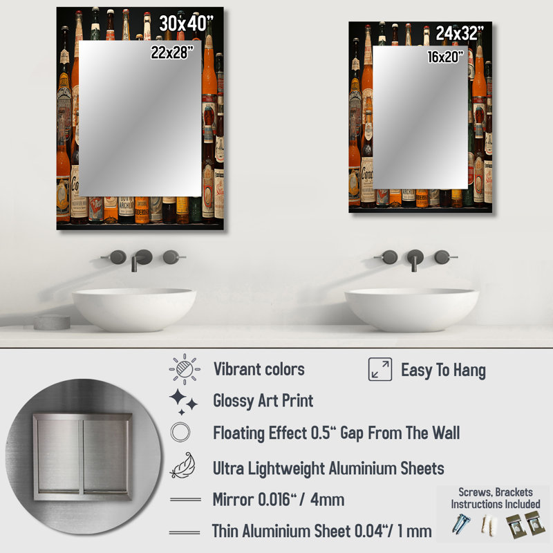 Beer Bottles Collage VIII - Beer Decorative Mirror, Traditional Large Wall Mirror, Printed Metal Art, 40" x 30"