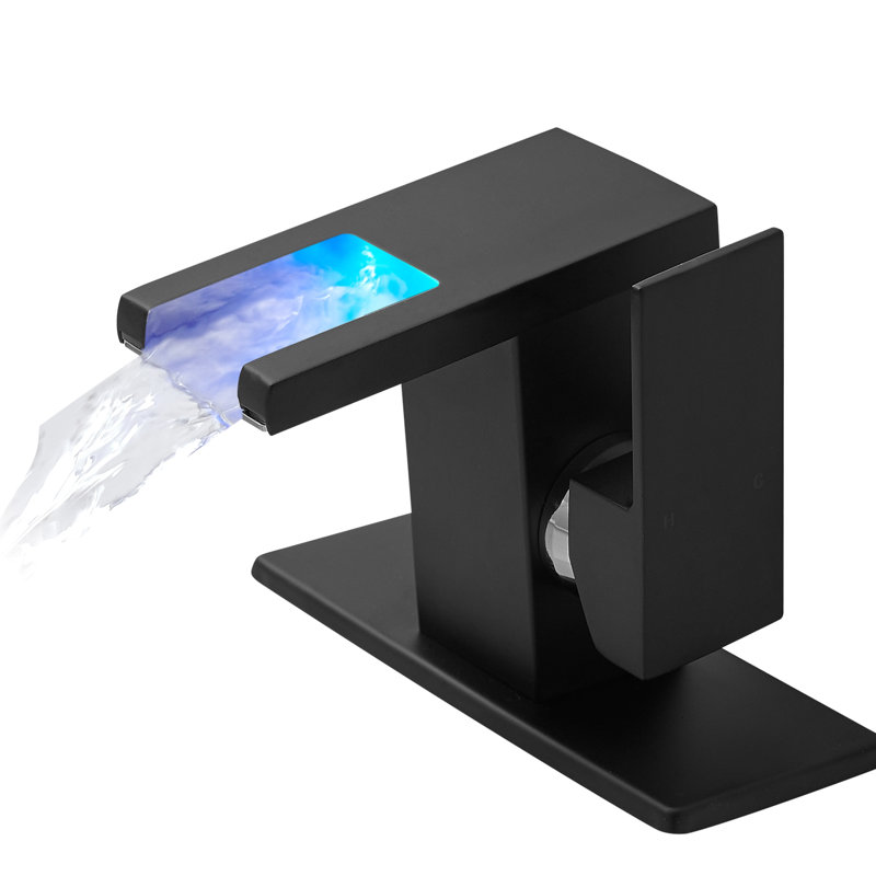 Bathroom Faucet With Led 3 Colors Changing Waterfall Spout, One Hole Deck Mounted, Hot And Cold Water Mixer, Black Basin Tap , Changing, Single