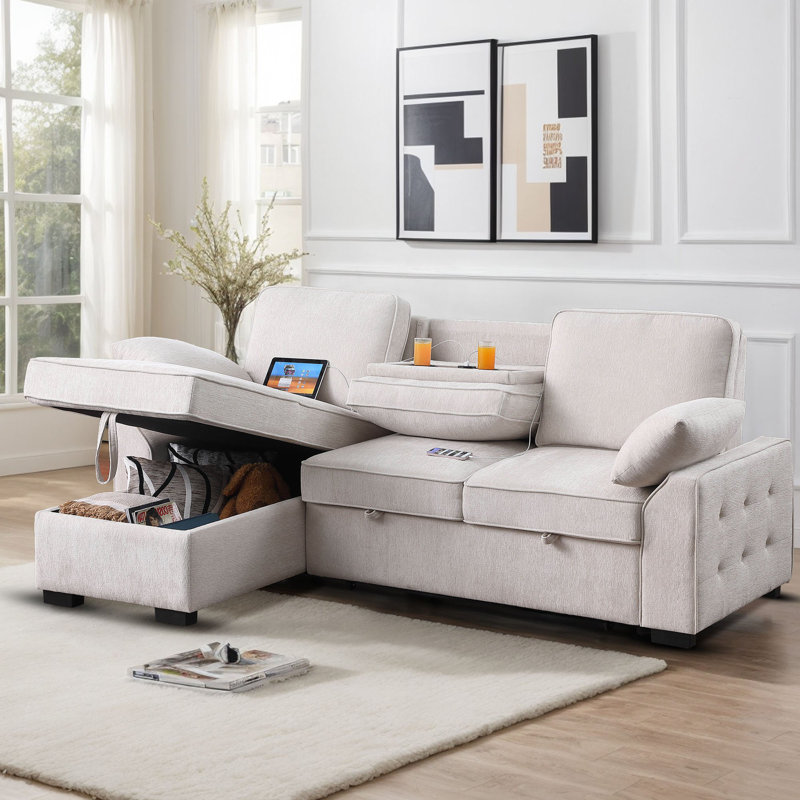 Aurora 91.5 " Reversible Chenille Upholstered Sleeper Sofa Bed with Storage Chaise, Beige