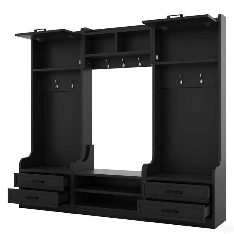 4-in-1 Detachable Hall Tree with Storage and 7 Hooks, Multiple Functions Hallway Coat Rack with Storage Drawers and Cabinet, Black Shoe Bench for Entryway Hallway
