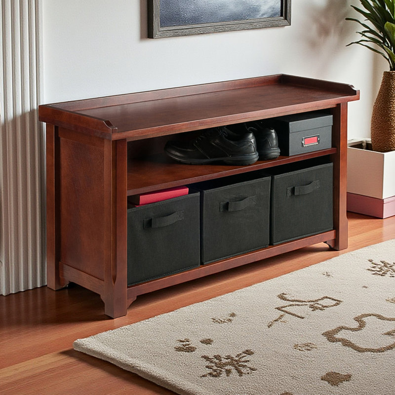 Shonta 4-Piece Storage Bench with 3 Foldable Fabric Baskets in Brown, 21.87" H X 39.84" W X 14.05" D, Black