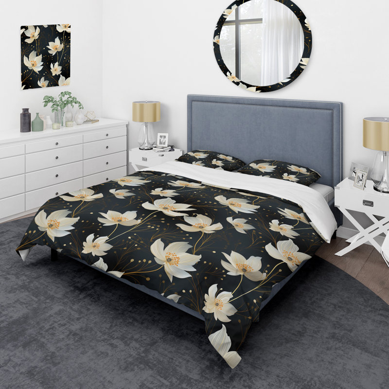 Ensemble de housse de couette à motif floral noir et ivoire, Housse de couette pour très grand lit et 2 très