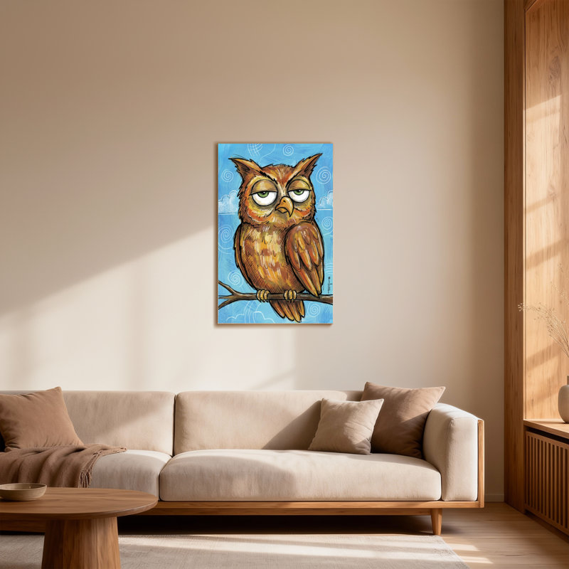 Animaux hibou perché sur une branche sur fond bleu, H 28 po x l 40 po