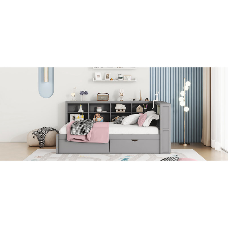 Lit de jour avec tablette de rangement et ports de chargement USB, Gris, Lit double