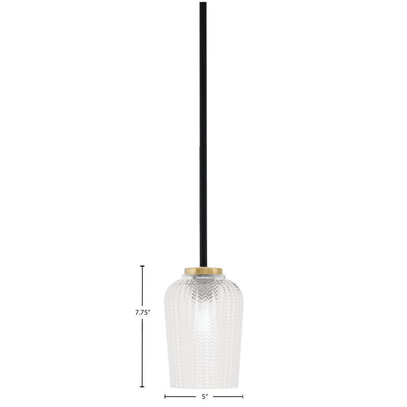 Mini-luminaire suspendu 1 lumière Amarmula, noir mat et laiton vieilli, verre texturé transparent de 5 po, Clair