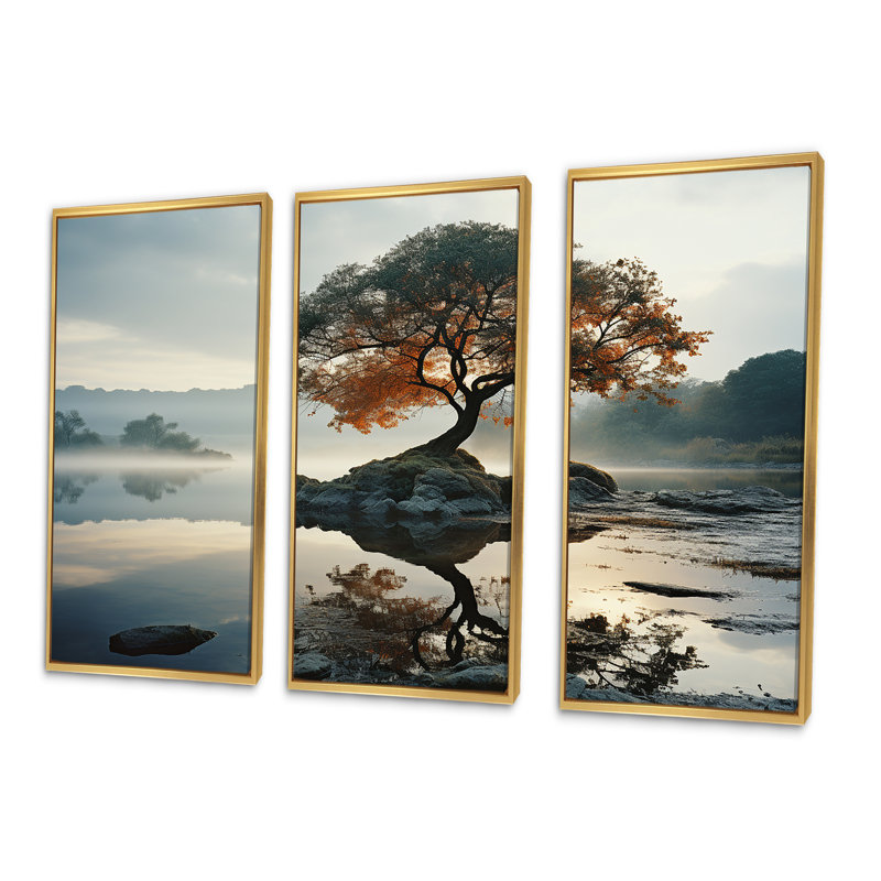 «Lake Tree Tranquility - Lakes Lakehouse», ensemble d'art mural, Cadre flottant doré, H 32 po x l 48 po x P 1 po