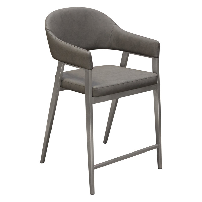 Adele Set Of Two Counter Height Chairs In Grey Leatherette W/ Brushed Stainless Steel Leg, Gray/Silver