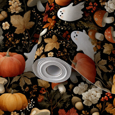 Papier peint autocollant pelucheux et adhésif pour champignon citrouille d'Halloween sans soudure 24 po x 118 po (60 x 300 cm)
