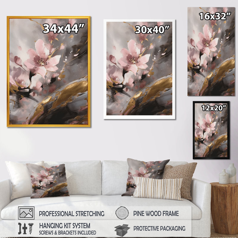 Pnk Blushng Cherry Blossom - impression, H 32 po x l 16 po x P 1 po, Cadre flottant doré