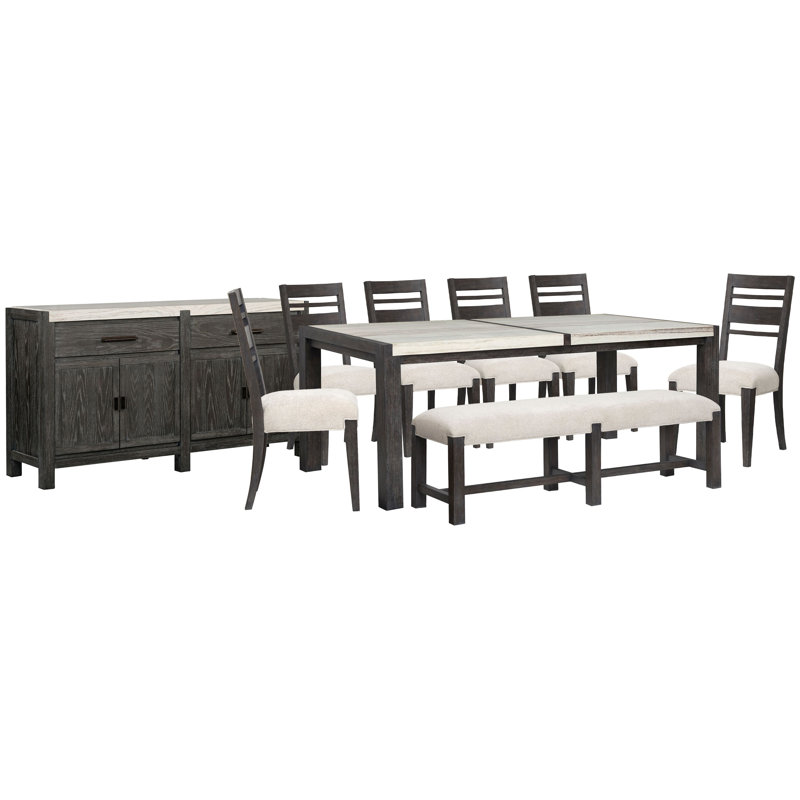 Table de salle à manger rectangulaire avec 6 chaises et banc, 9 pièces: table, 6 chaises, buffet, banc