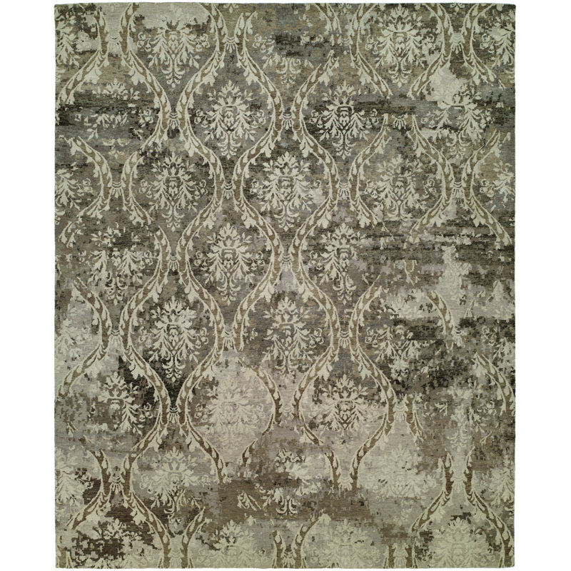 Damask Hand-Knotted Wool Area Rug in Gray, Round 6'