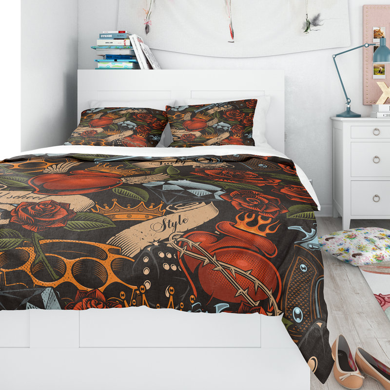 Ensemble de housse de couette designart old school tatouage, Housse de couette grand + 2 taies décoratives