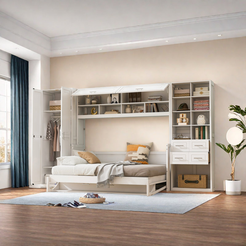 Lit escamotable double pleine grandeur avec placard, tiroirs et tablettes, Double