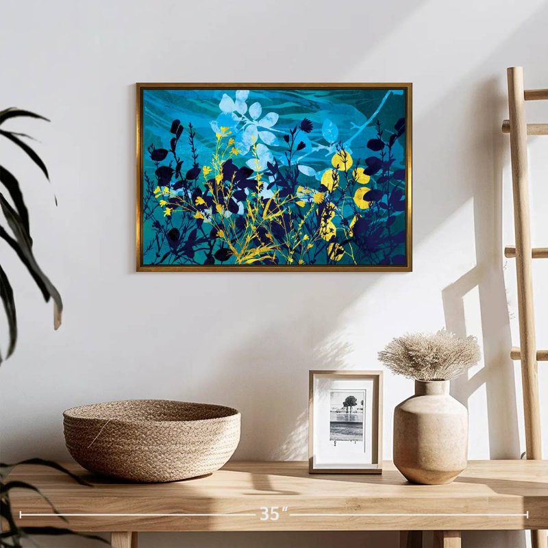 Gold And Blue Landscape Foliage, 19" X 13", Floating Frame Gold