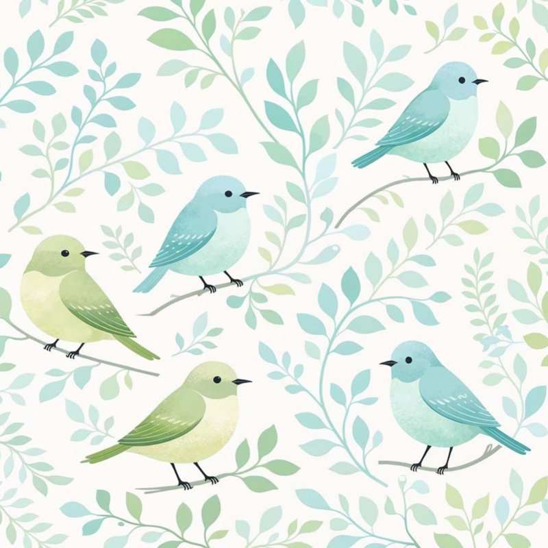 Couvre-lit matelassé Birds On Branches, Grand lit, Vert clair / bleu clair