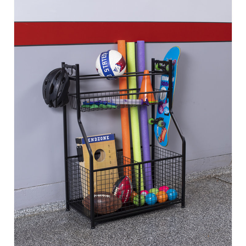 Black Steel Sports Equipment Storage Rack with Hooks and Baskets