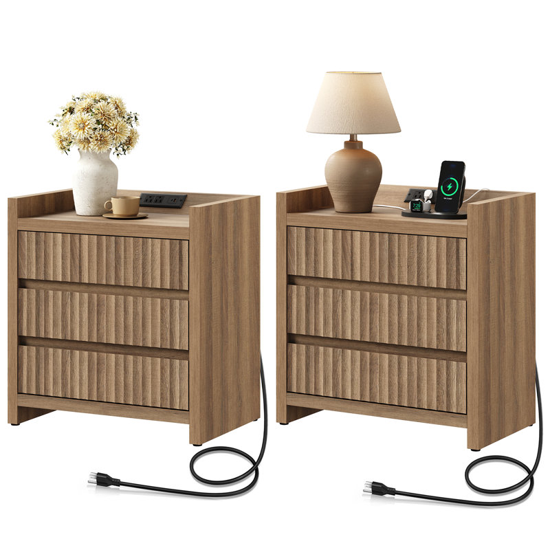 Modern 3-Drawer Fluted Nightstand with Charging Station, Wood Bedside Table with USB, Small Bedroom End Table with Storage for Living Room
