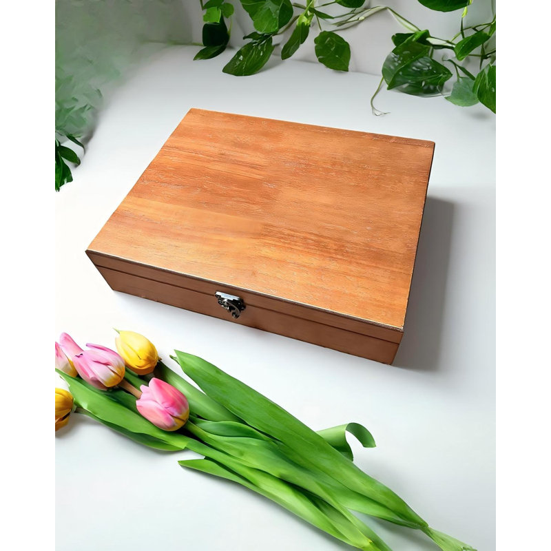 Old World Wooden Box with Brass Latch – Vintage-Style Wooden Keepsake Box for Jewelry & Trinket Storage, Light Cherrywood Finish