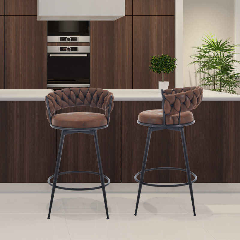 Bohdalice PU Leatherette Bar Stool (set of 2), With Braided Backrest And Footrest, Swivel Bar Stool, Seat Height 90.93cm, For The Kitchen, Dining Room And Home Bar