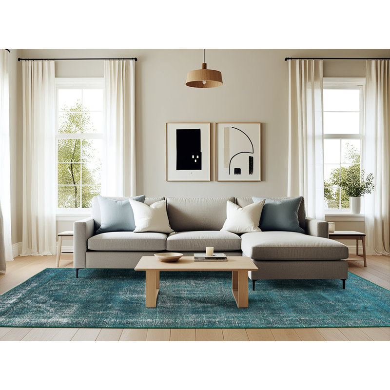 Tapis bleu sarcelle / gris Rockefeller, Rectangle 6 pi x 9 pi