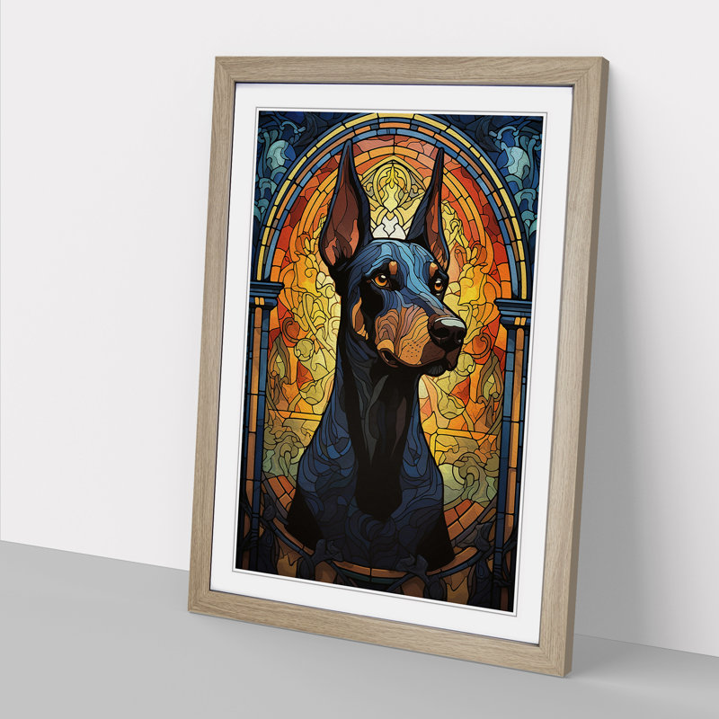 Doberman Nouveau - Single Picture Frame Print on Wood, Oak Framed, 34cm H x 25cm W