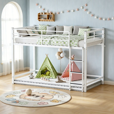 Affordable Metal Floor Bunk Bed, Low Profile Bunk Bed with Ladder and Safety Guardrails for Kids Teens Bedroom, No Box Spring Needed, White, Twin Over Twin Size