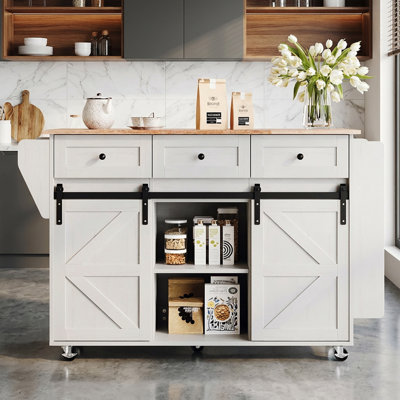 Dining Cart Off-White 2-Door 3-Drawer 3-Shelf With Sliding Barn Doors