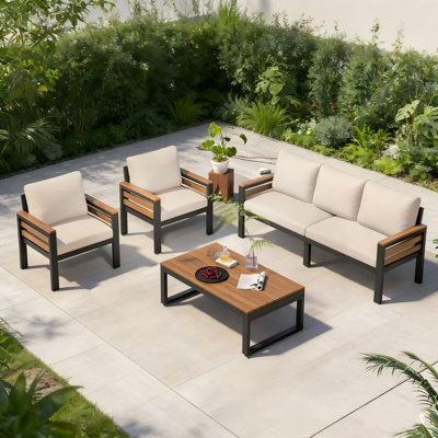 4-Piece Outdoor Conversation Sofa Set for 5 Persons, Acacia Wood Armrests, Solid Wood Coffee Table & Removable Cushions for Patio & Garden