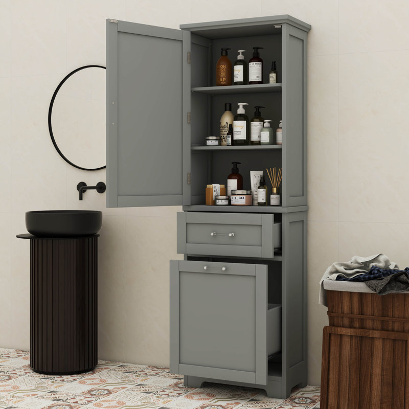 Tall Bathroom Storage Cabinet Freestanding With Two Different Sized Drawers Adjustable Shelf Painted Board, Gray